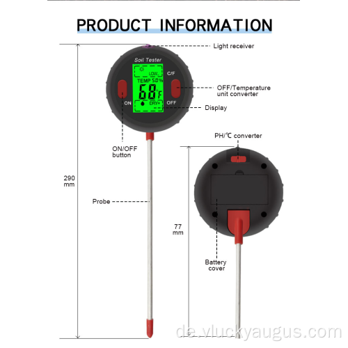 Bodenfeuchtigkeits -PH -Meter -Temperaturbeleuchtungstester